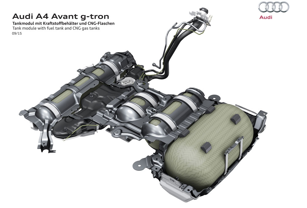 La Audi A4 g-tron est alimente par 4 rservoirs embarquant jusqu’ 19 kg de gaz naturel comprim.